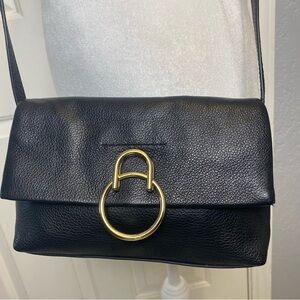 Vince Camuto black pebbled leather crossbody purse flap front bag gold hardware